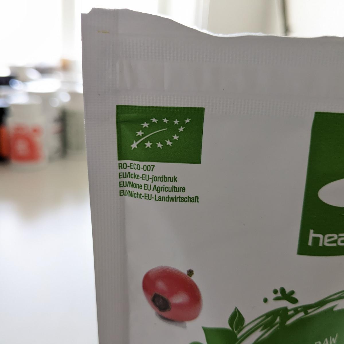 Närbild på EU-ekologiskt märke på Healthwell Nyponpulver EKO, vårt eget foto