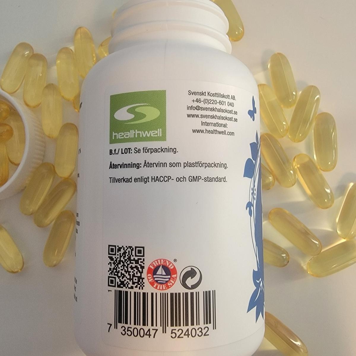 Baksida med Friend of the Sea-märke och QR-kod på Healthwell Omega-3