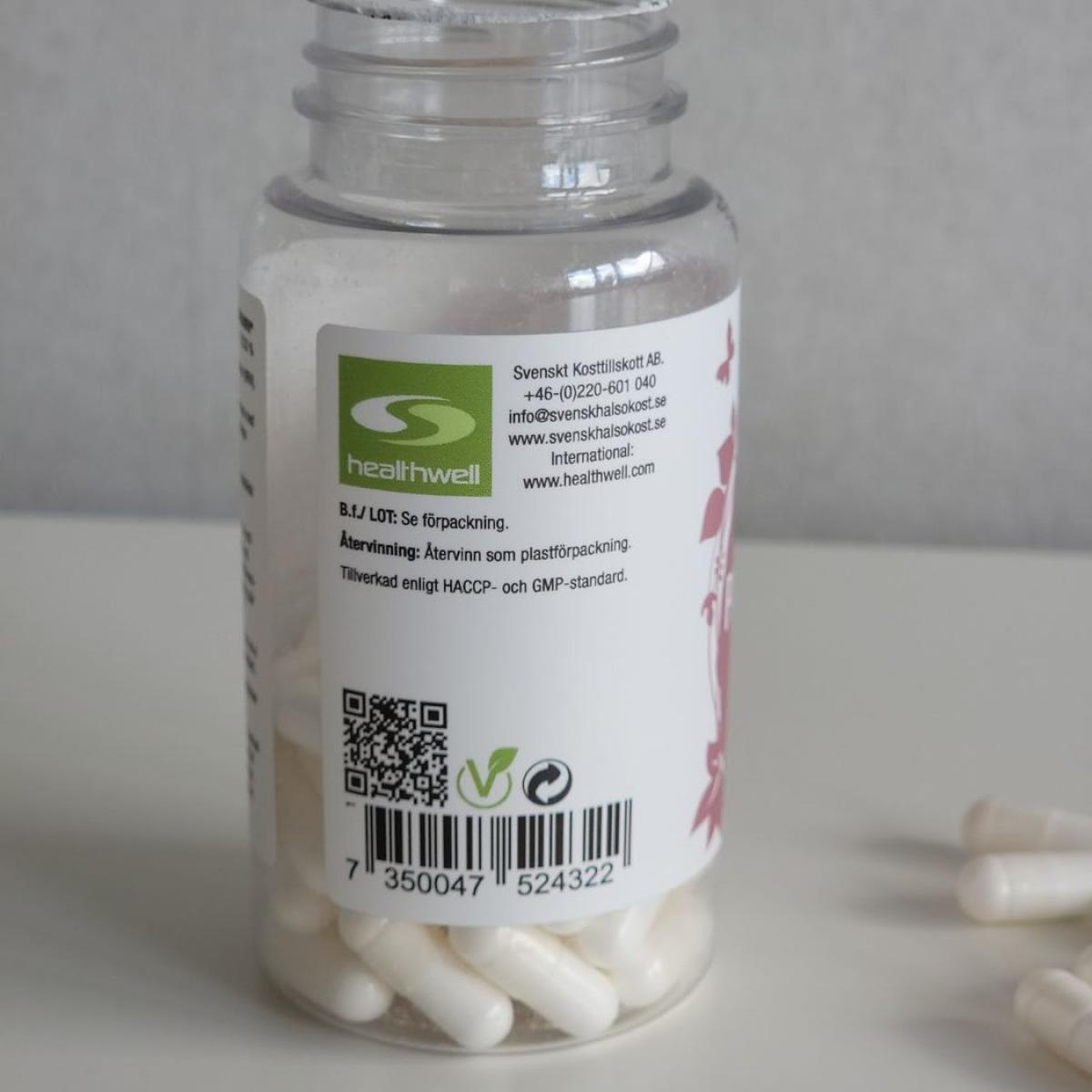 Baksida med märkningar på Healthwell B5 Pantotensyra 500, foto från vårt test