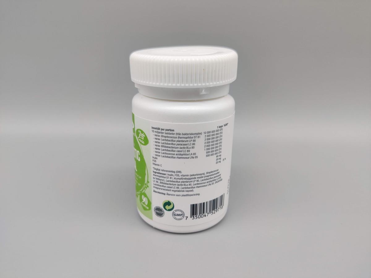Närbild på innehållsdeklaration med listade bakteriestammar på Probiotic Vital