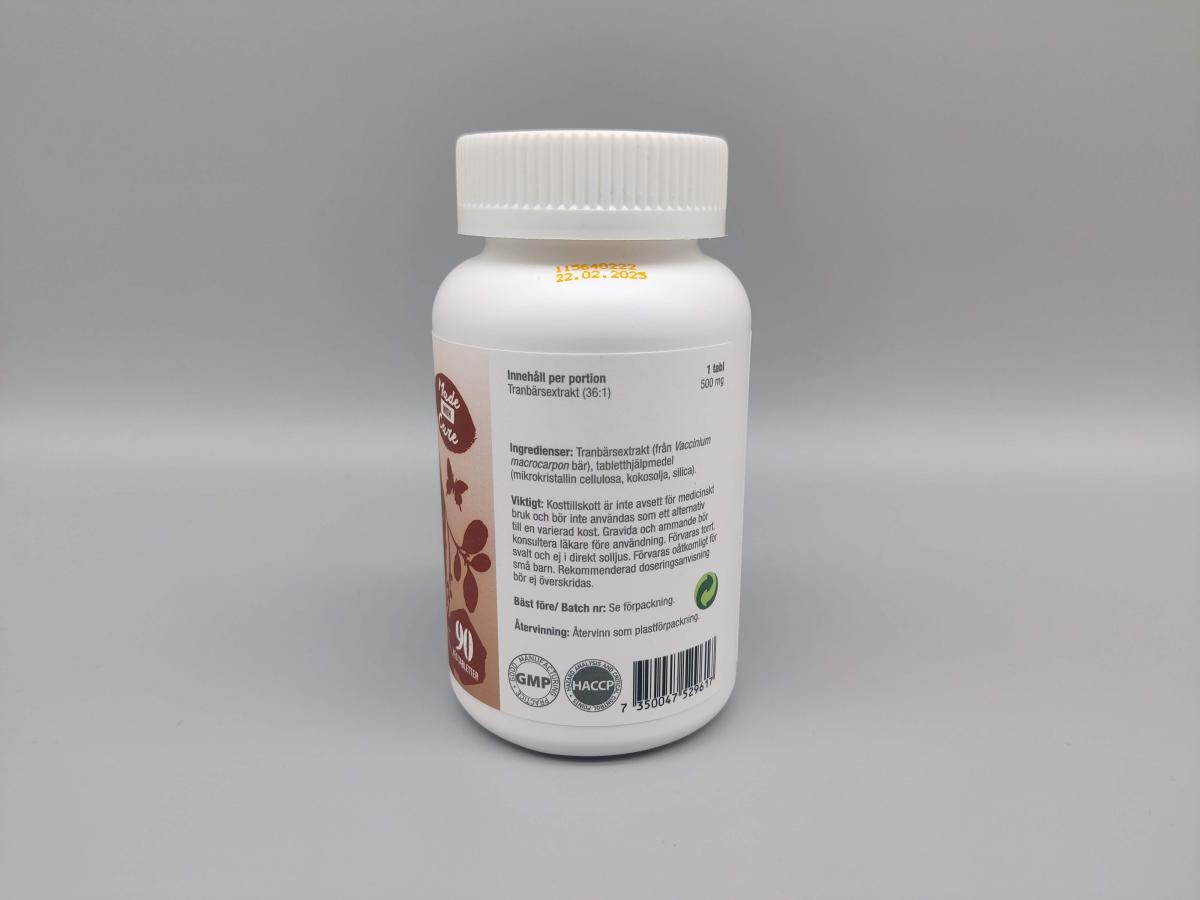 Baksida med ingredienslista och 500 mg extrakt per tablett 36 till 1