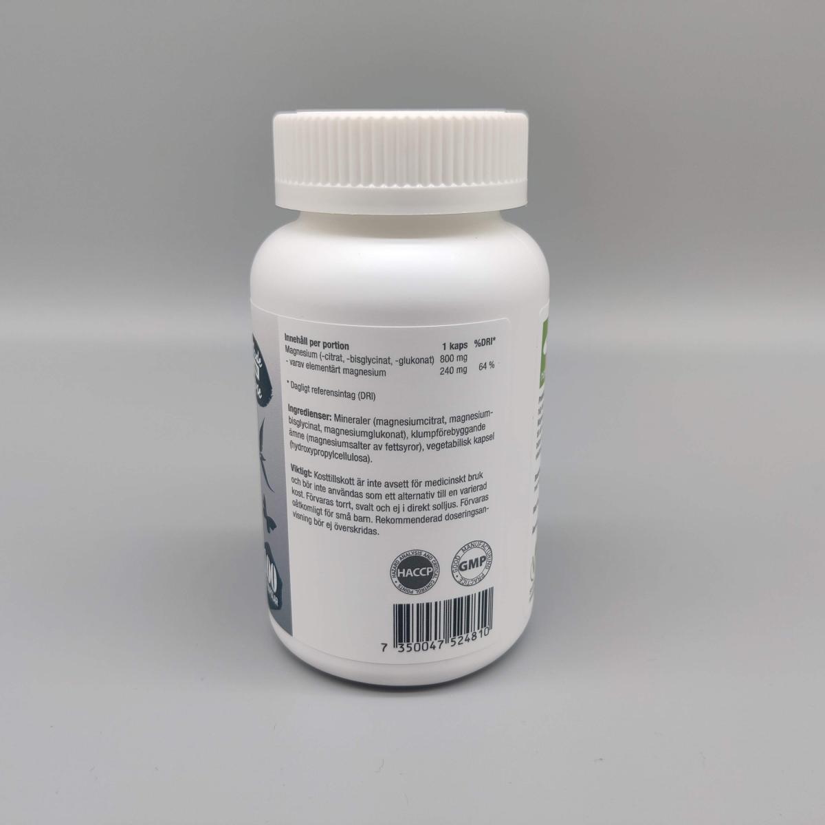 Healthwell Trippel Magnesium med svensk märkning och vegetarisk symbol, fotograferad av oss