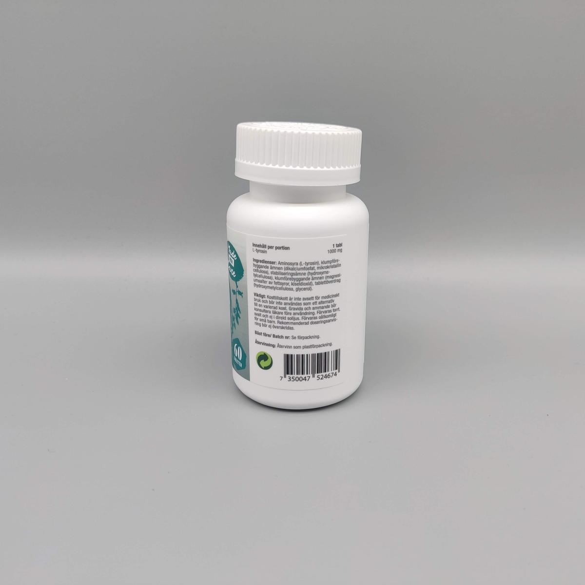 Baksida av Healthwell Tyrosin 1000 med tydlig ingredienslista