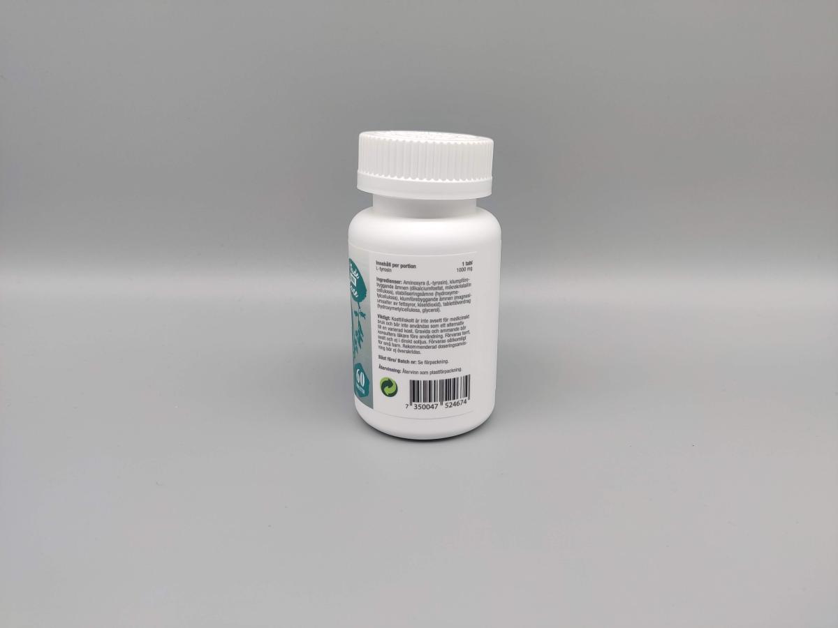 Baksida av Healthwell Tyrosin 1000 med tydlig ingredienslista