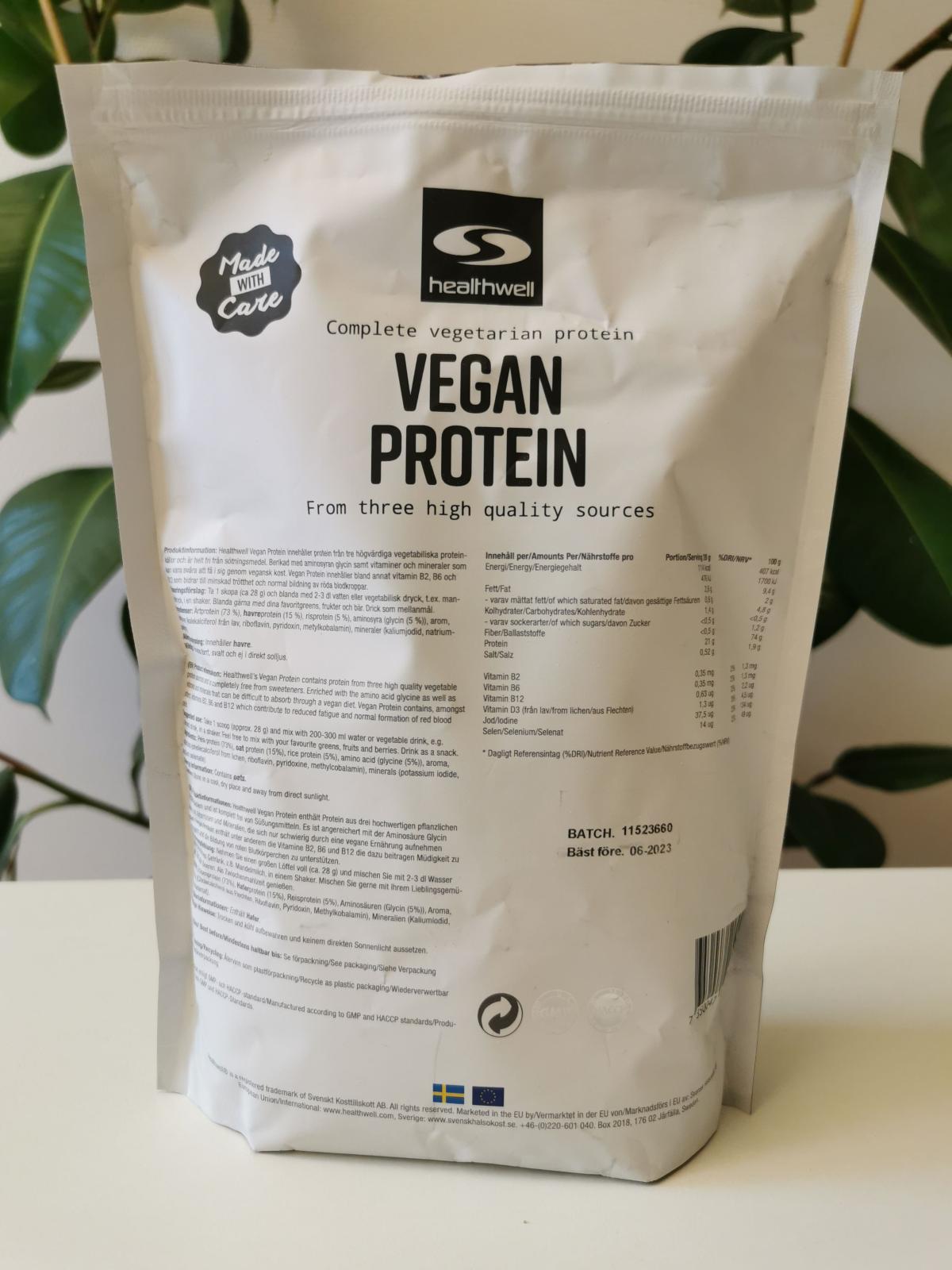 Healthwell Vegan Protein baksida med tydlig deklaration