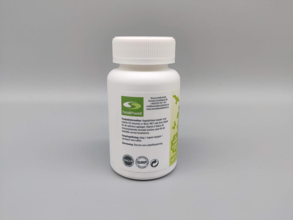 Healthwell Vitamin D3 med kvalitetsmärkningar och kundserviceuppgifter