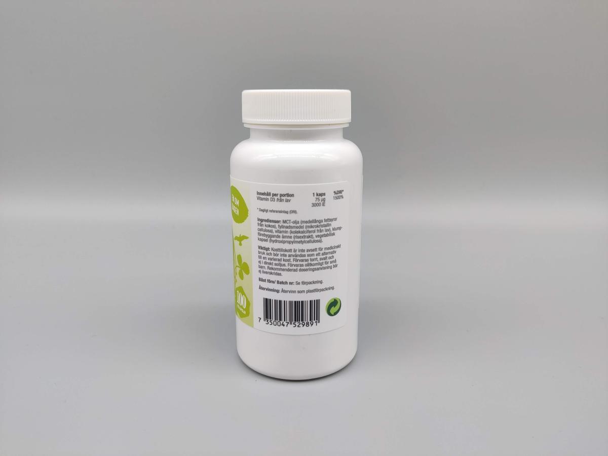 Baksida med ingredienslista och näringsinnehåll på Healthwell Vitamin D3 Vegan, egen bild