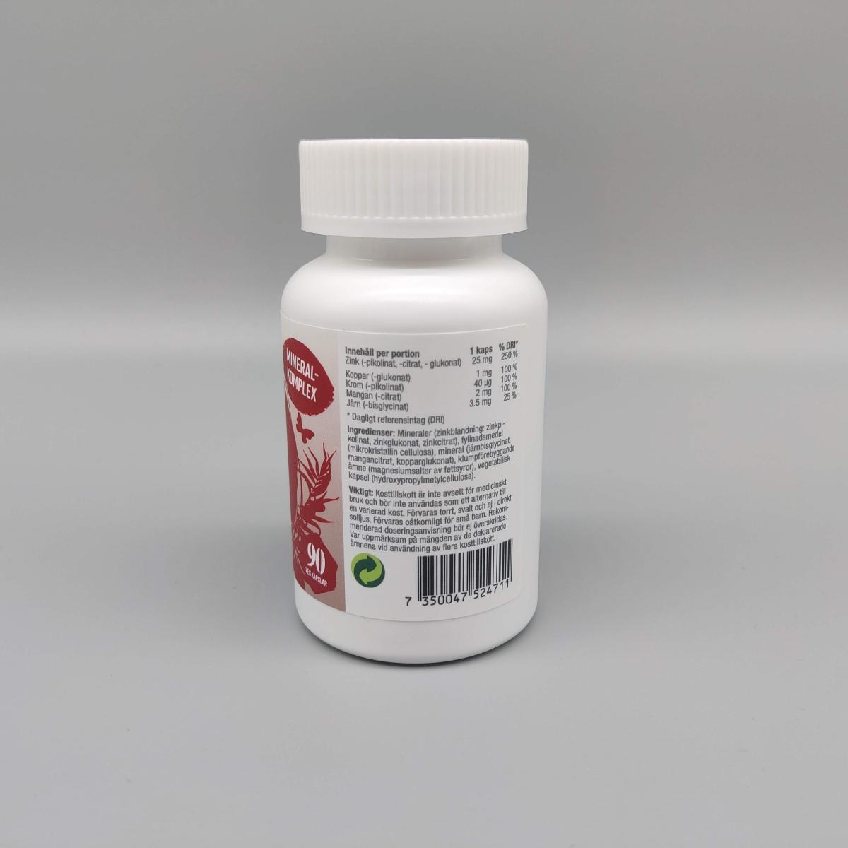 Healthwell Zink 25 Plus med märkningar om svensk produktion och vegetarian friendly