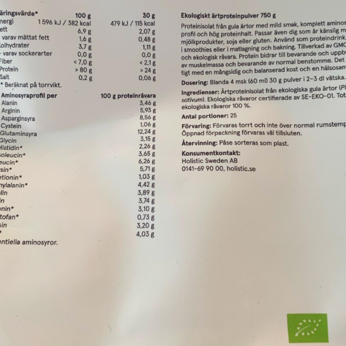 Baksida med näringsvärde och aminosyraprofil egen bild från vårt test