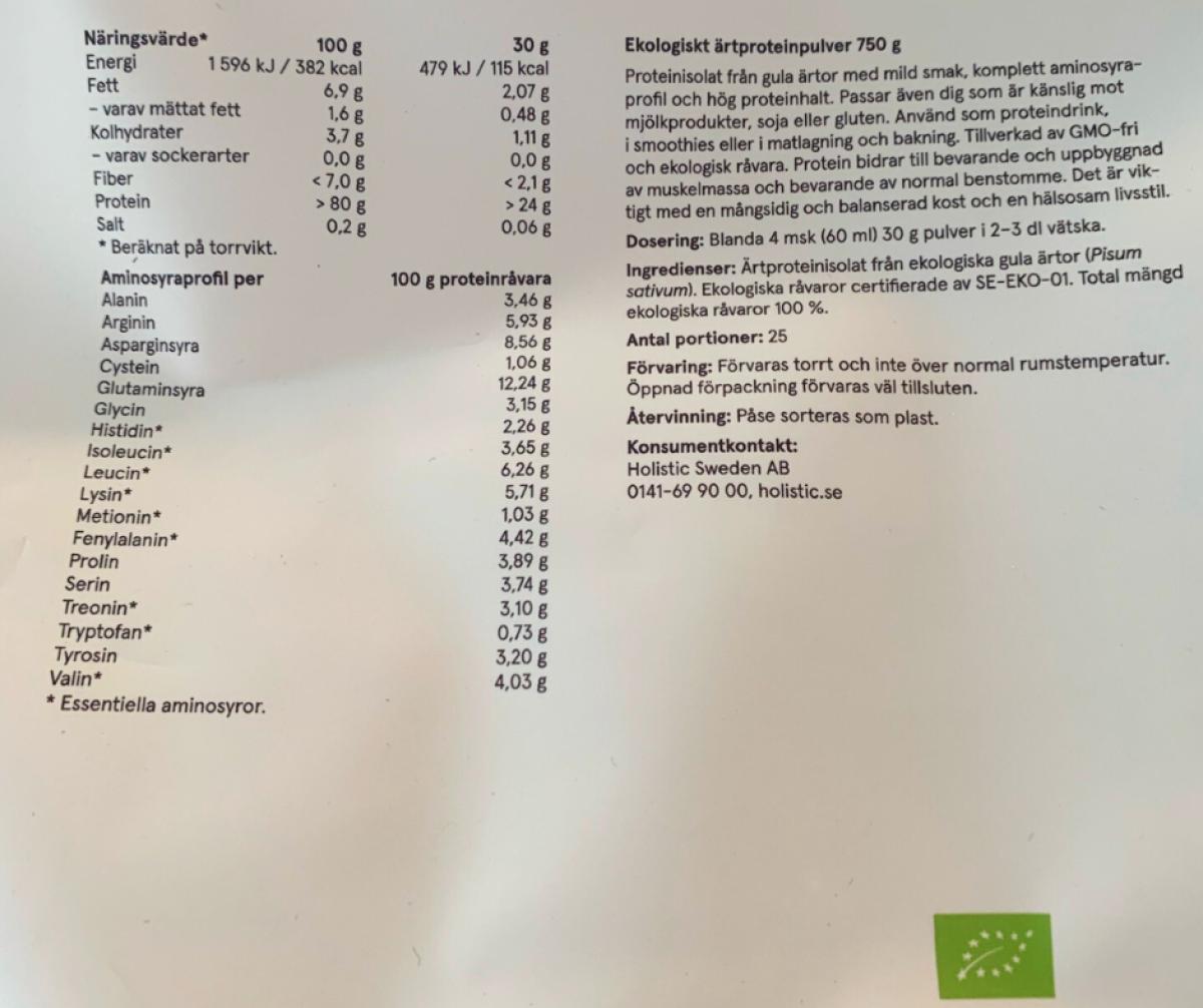Baksida med näringsvärde och aminosyraprofil egen bild från vårt test