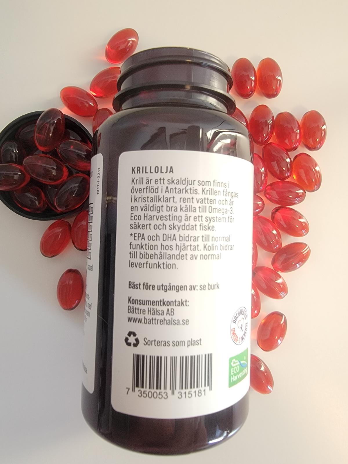 Baksida på Närokällan Krillolja med info om Eco Harvesting och kontakt, foto av oss