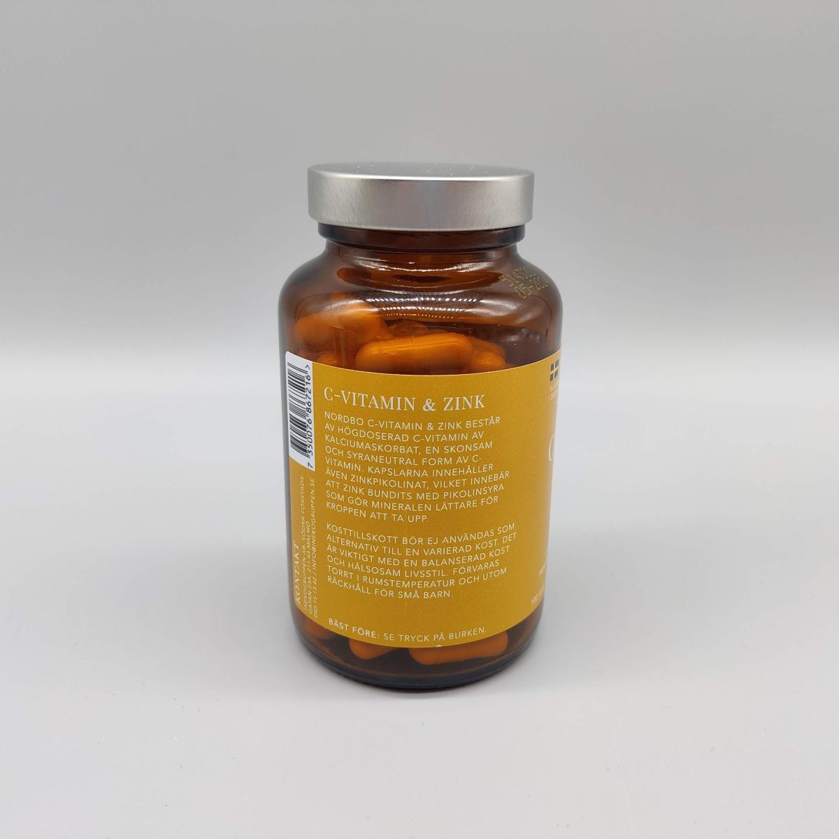 Nordbo C‑vitamin & Zink på soffbord hemma under vår testperiod