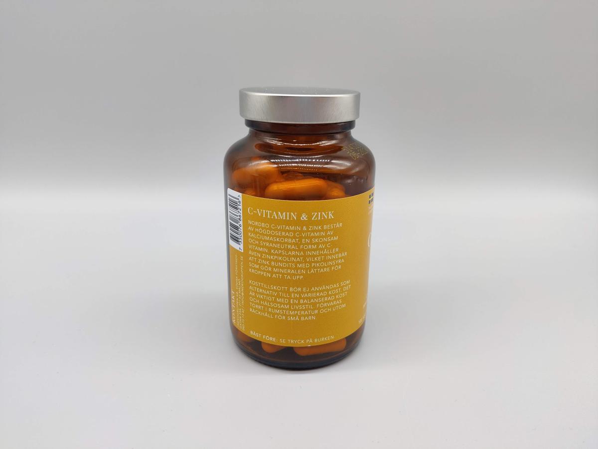 Nordbo C‑vitamin & Zink sidotext om kalciumaskorbat och zinkpikolinat, foto från vårt test