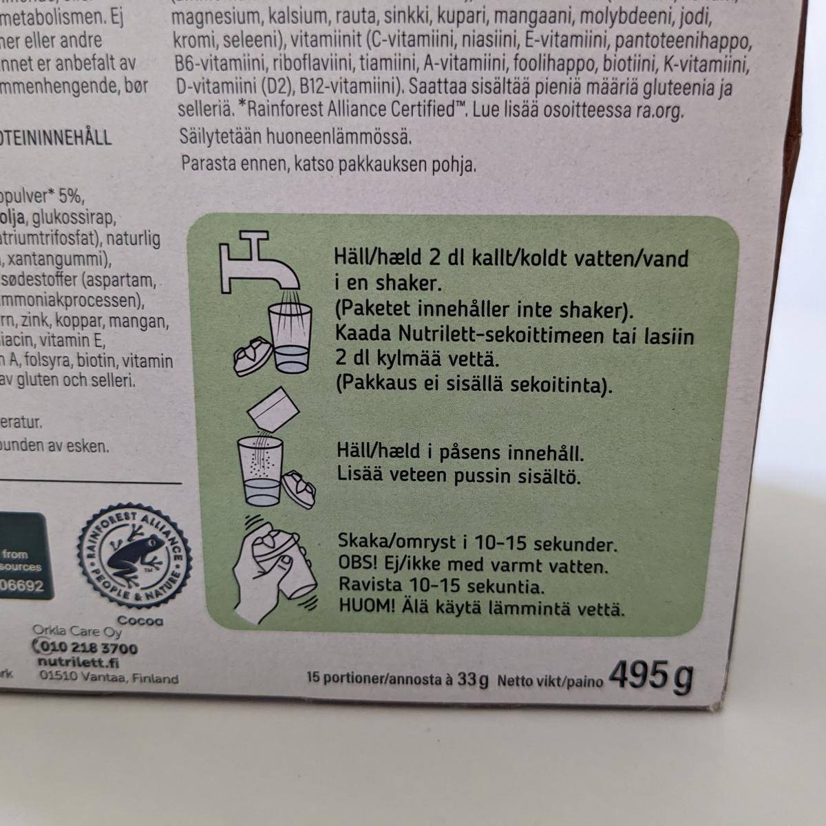 Baksida på Nutrilett-förpackning med blandningssteg och innehåll tagen av oss
