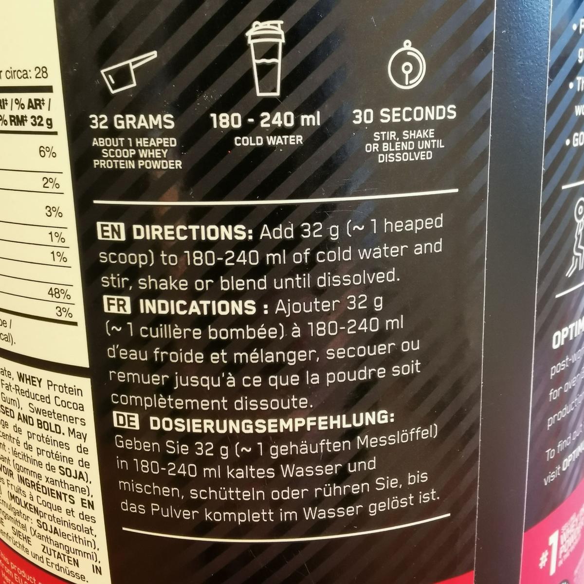 Dosering 32 g i 180–240 ml vatten enligt etiketten, egen bild