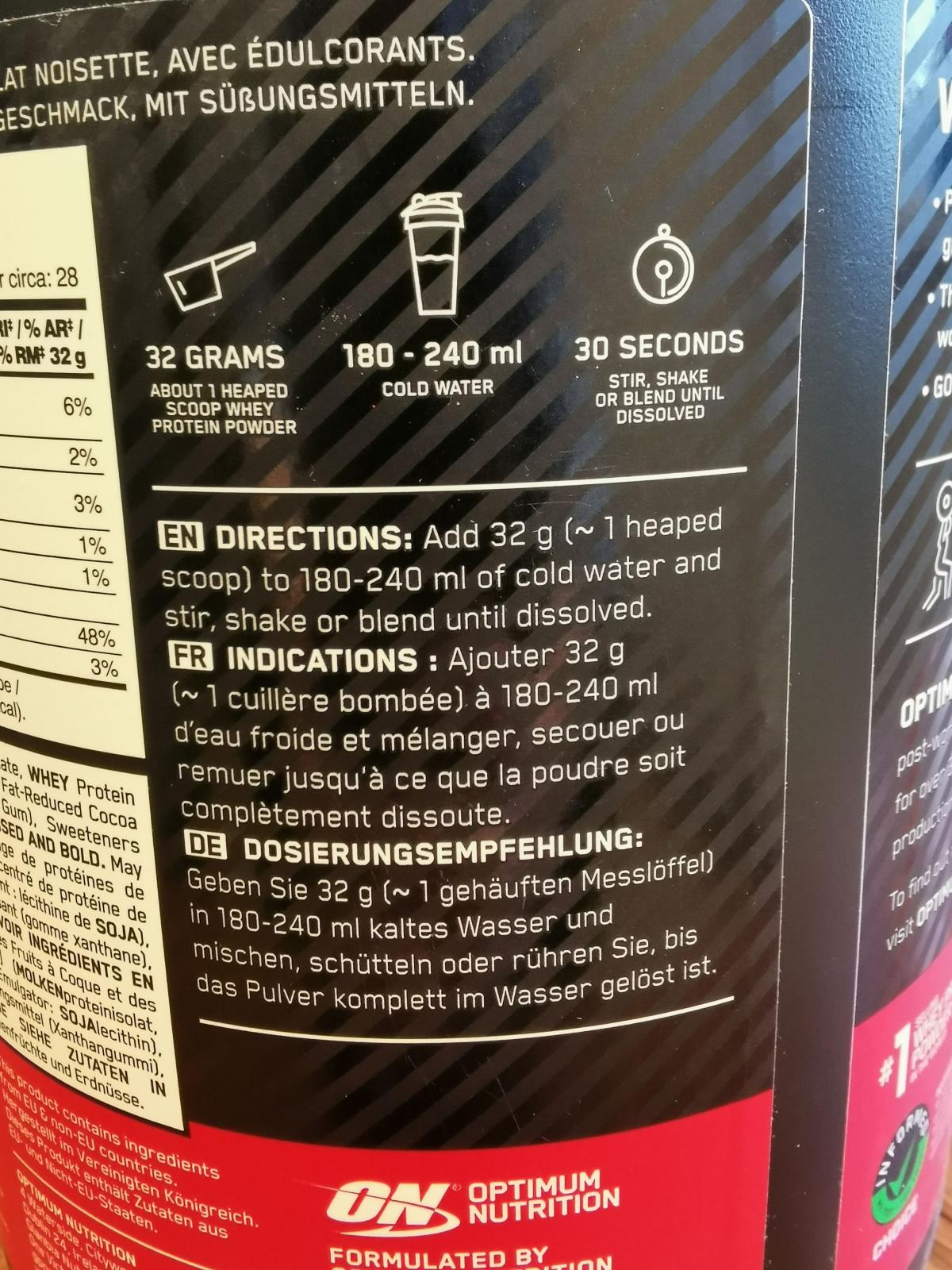 Dosering 32 g i 180–240 ml vatten enligt etiketten, egen bild