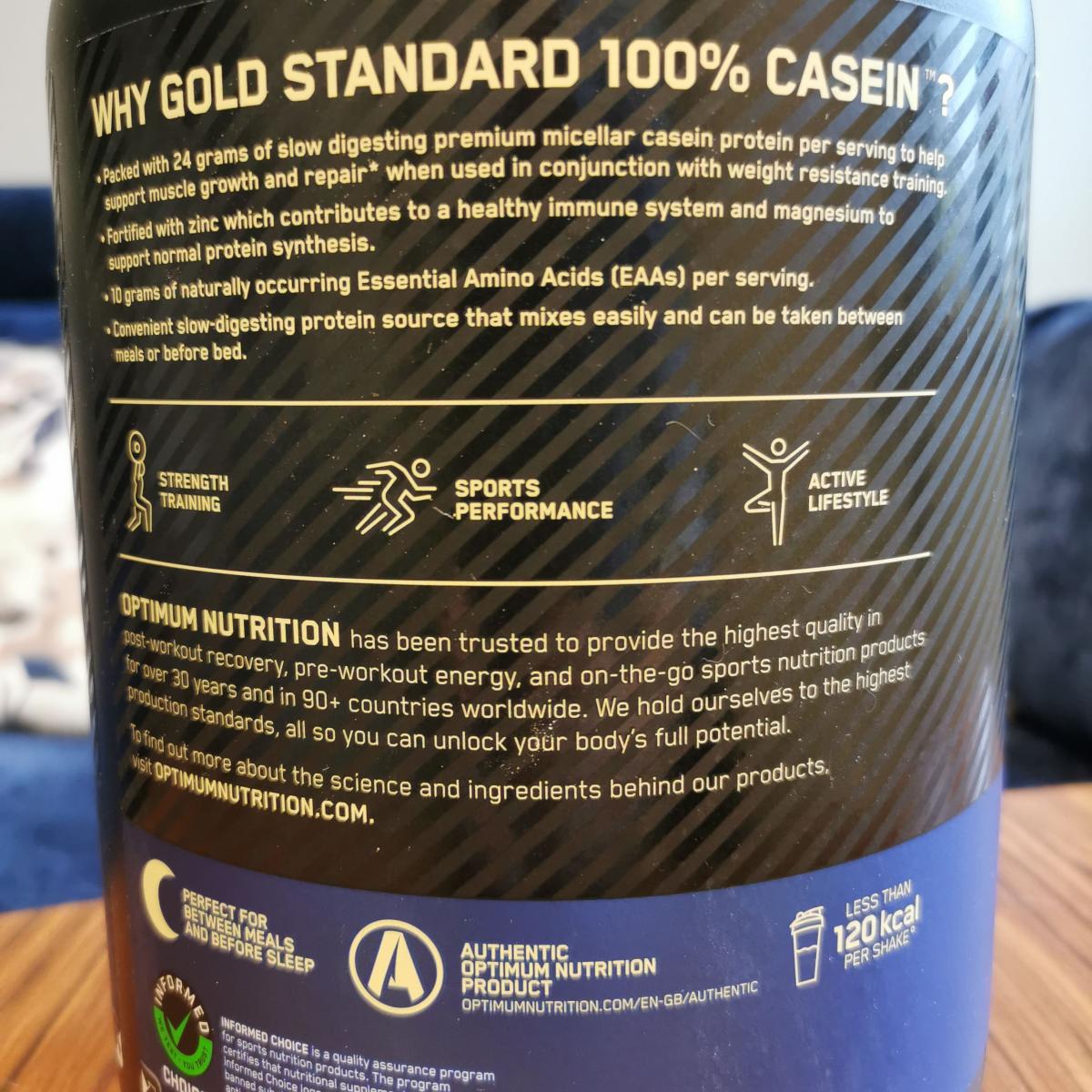 Näringsdeklaration och ingredienslista i fokus på Optimum Nutrition 100% Casein, fotad av oss