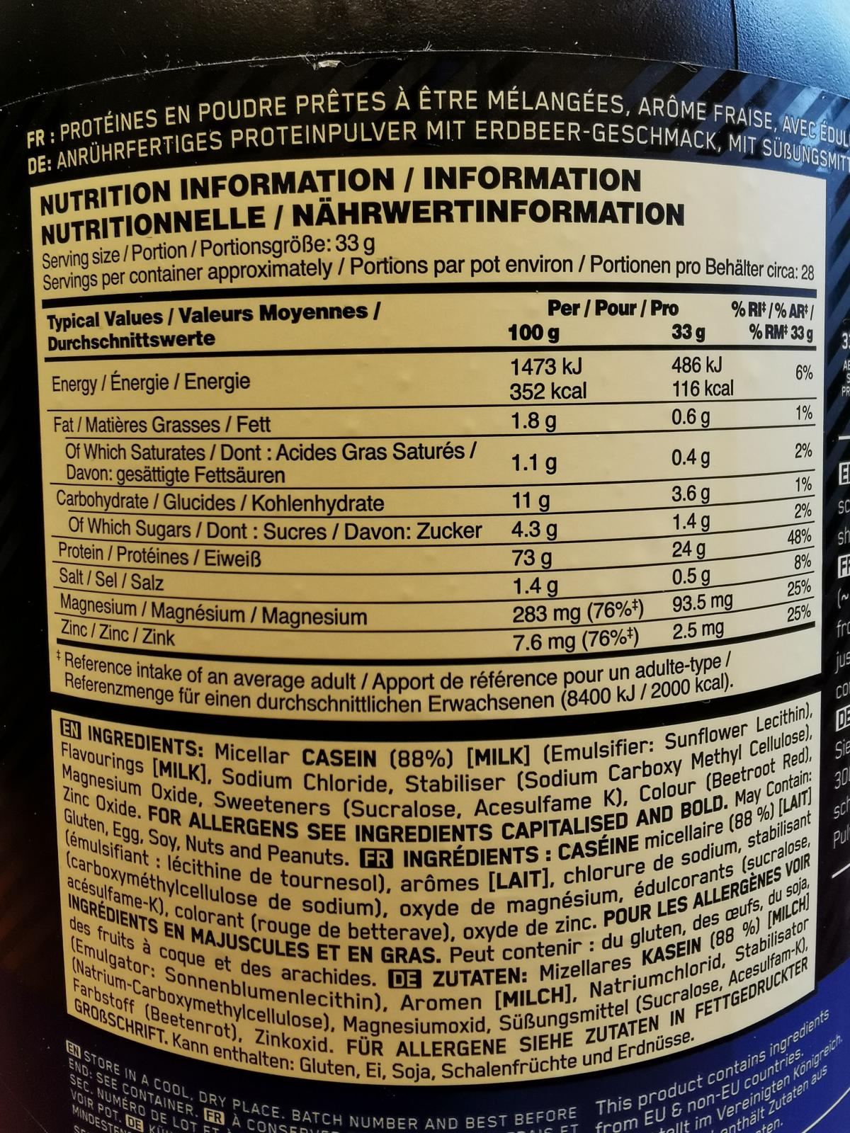 Näringsdeklaration och ingredienslista i fokus på Optimum Nutrition 100% Casein, fotad av oss