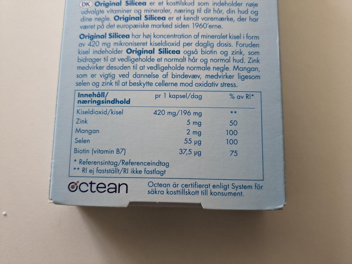 Original Silicea baksida med tydlig innehållsdeklaration, foto av oss