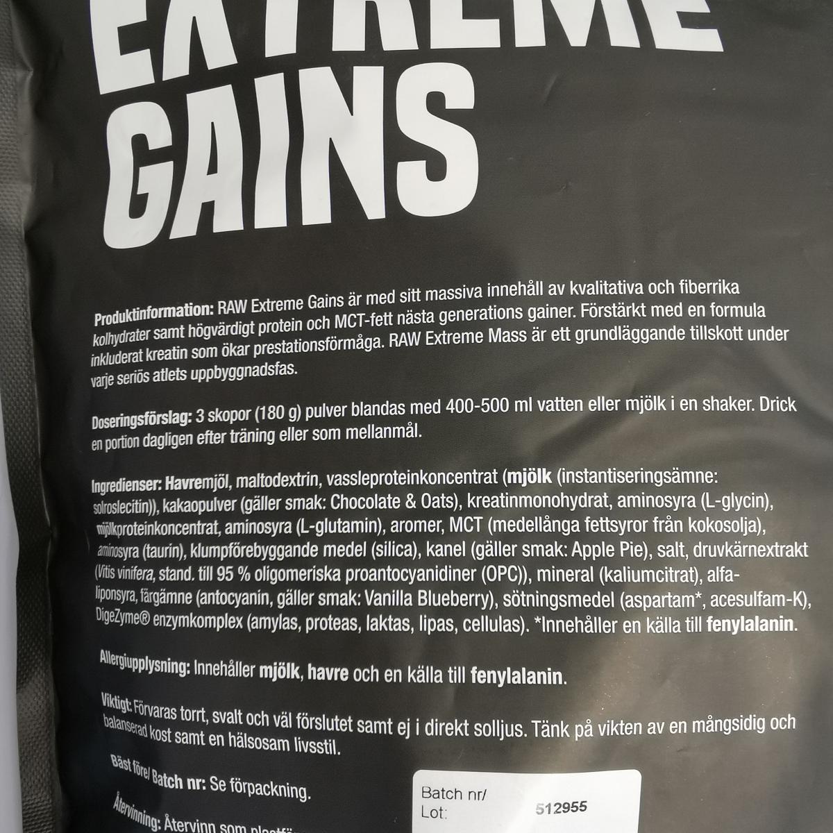 Ingredienslista och dosering på RAW Extreme Gains, foto av oss