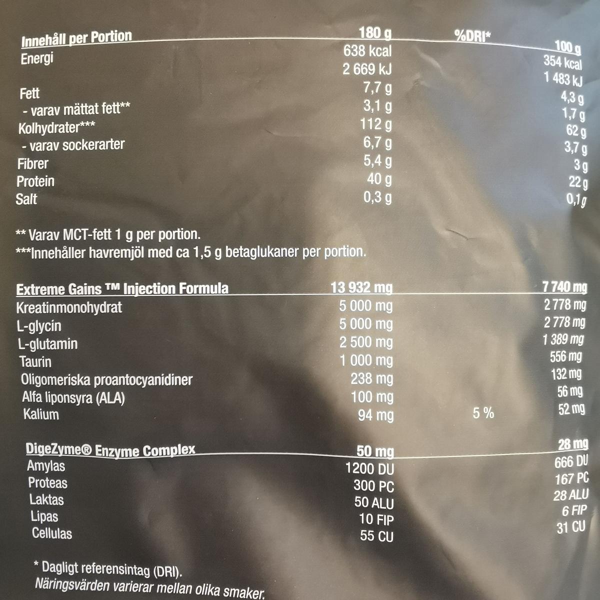Näringsdeklaration RAW Extreme Gains med nyckeltal, foto av oss