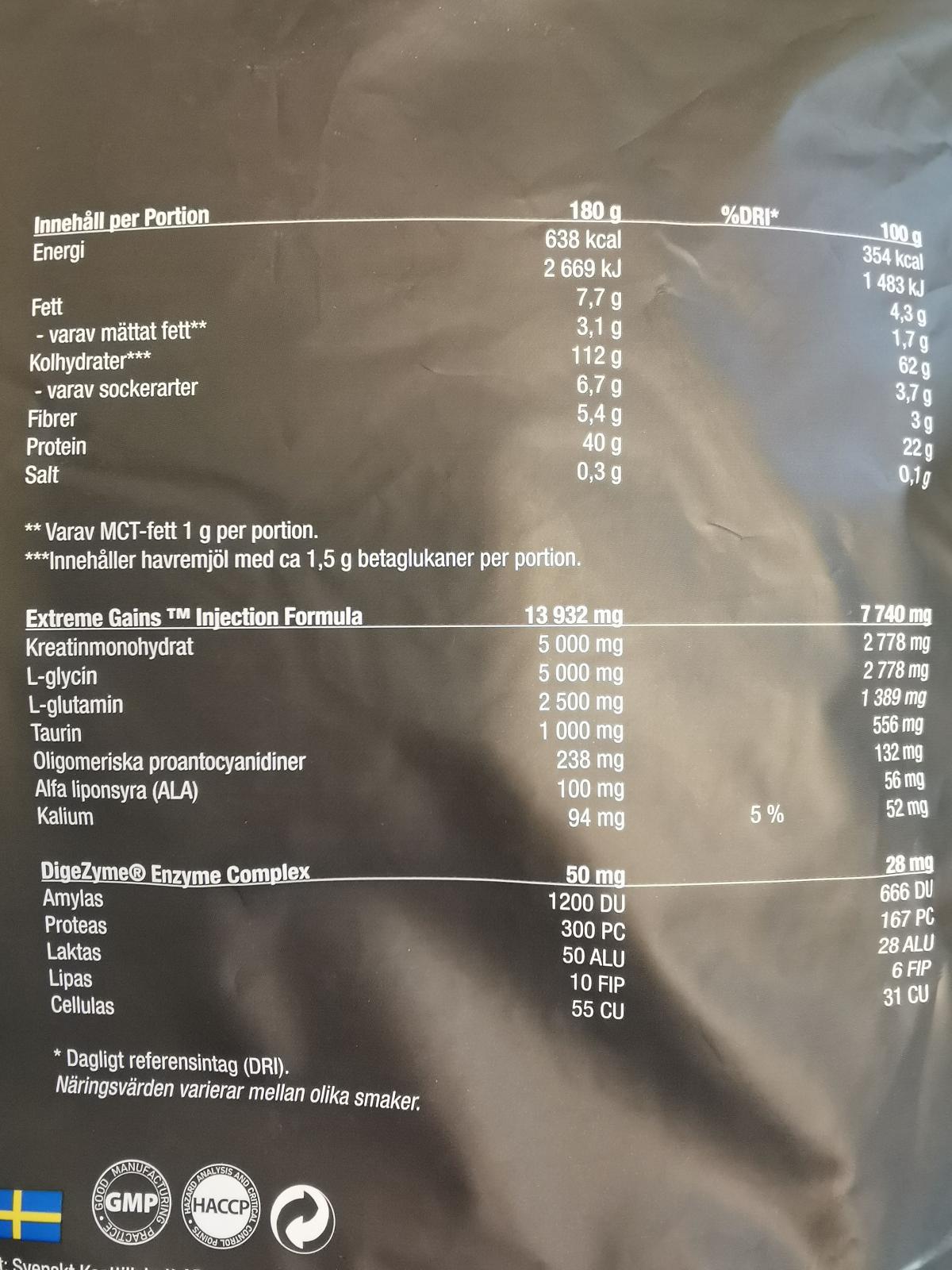 Näringsdeklaration RAW Extreme Gains med nyckeltal, foto av oss