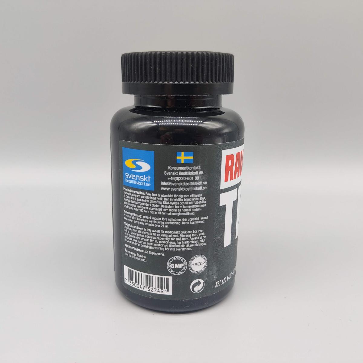 RAW Test med märkningar och kontaktinfo på etiketten, egen produktbild