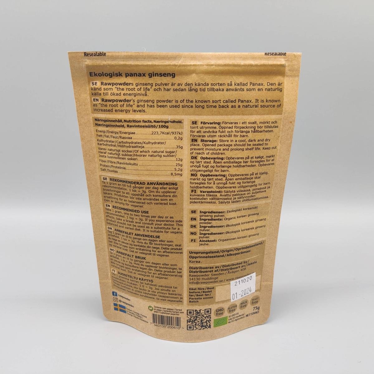 Baksida med ingredienser och dosering på Rawpowder Ginseng Panax, tagen av oss