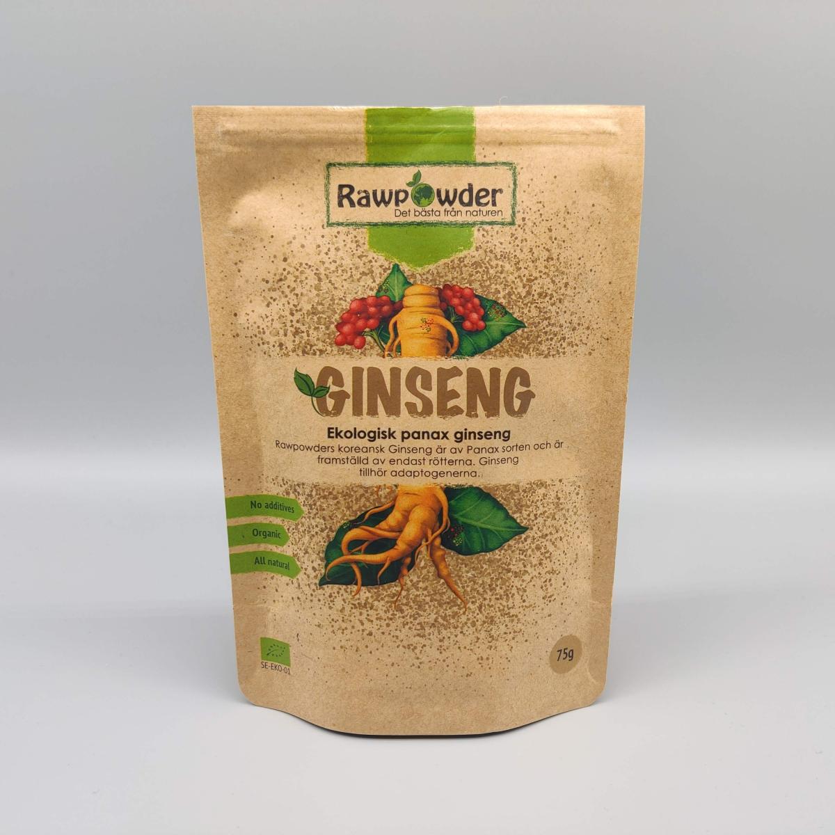 Rawpowder Ginseng Panax förpackning mot neutral bakgrund, vår egen produktbild från testet