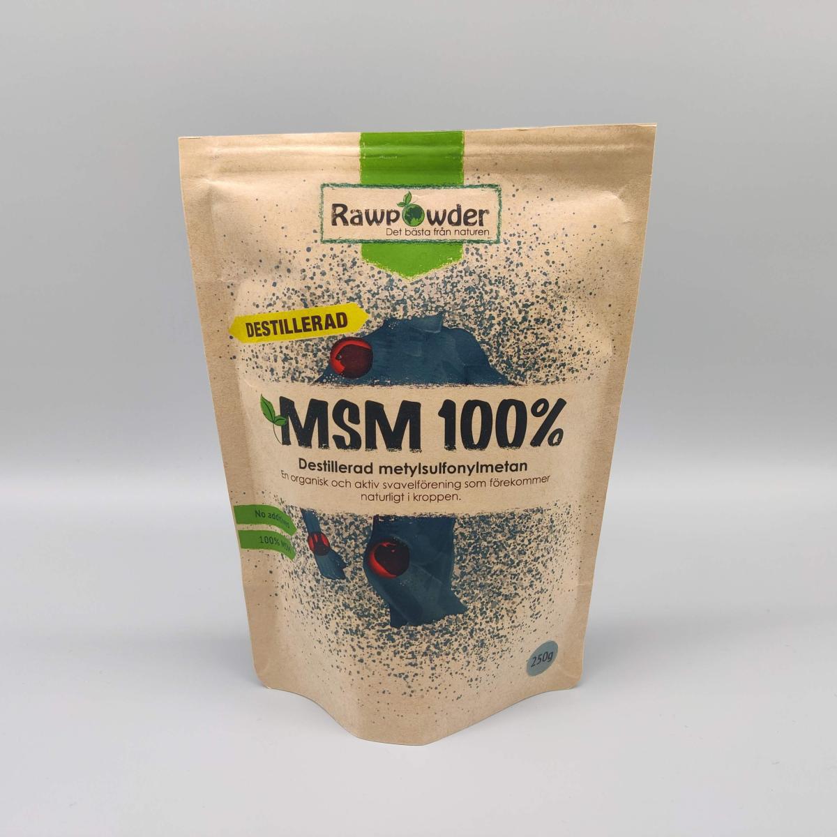 Rawpowder MSM 100% destillerad på neutral bakgrund, fotad av oss