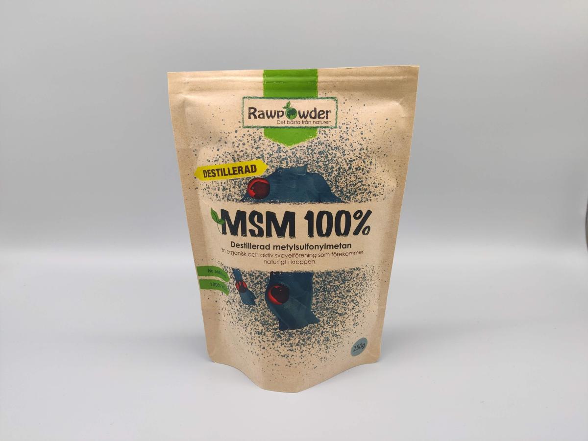 Rawpowder MSM 100% destillerad på neutral bakgrund, fotad av oss