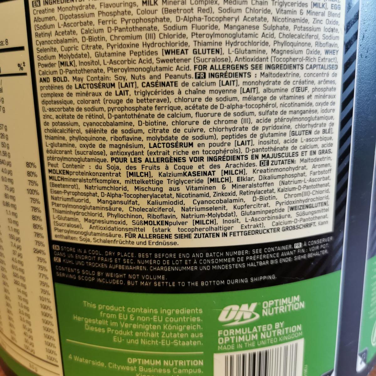 Serious Mass ingredienslista närbild tagen av oss