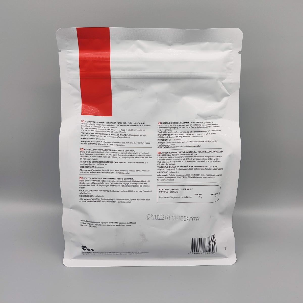 SmartSupps L-Glutamine 1 kg baksida med doseringsinfo, foto av oss