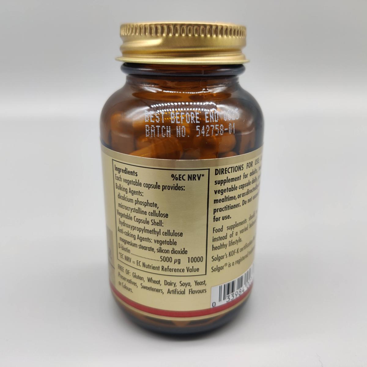 Baksida med ingredienslista och batchnummer på Solgar Biotin 5000 µg, eget foto