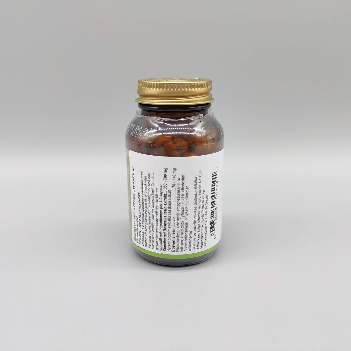 Solgar Boswellia sidovy med innehållsdeklaration, fotad av oss