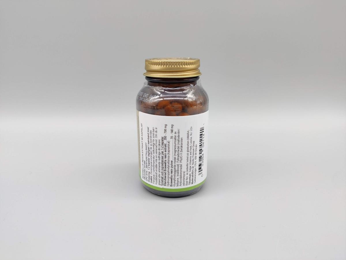 Solgar Boswellia sidovy med innehållsdeklaration, fotad av oss