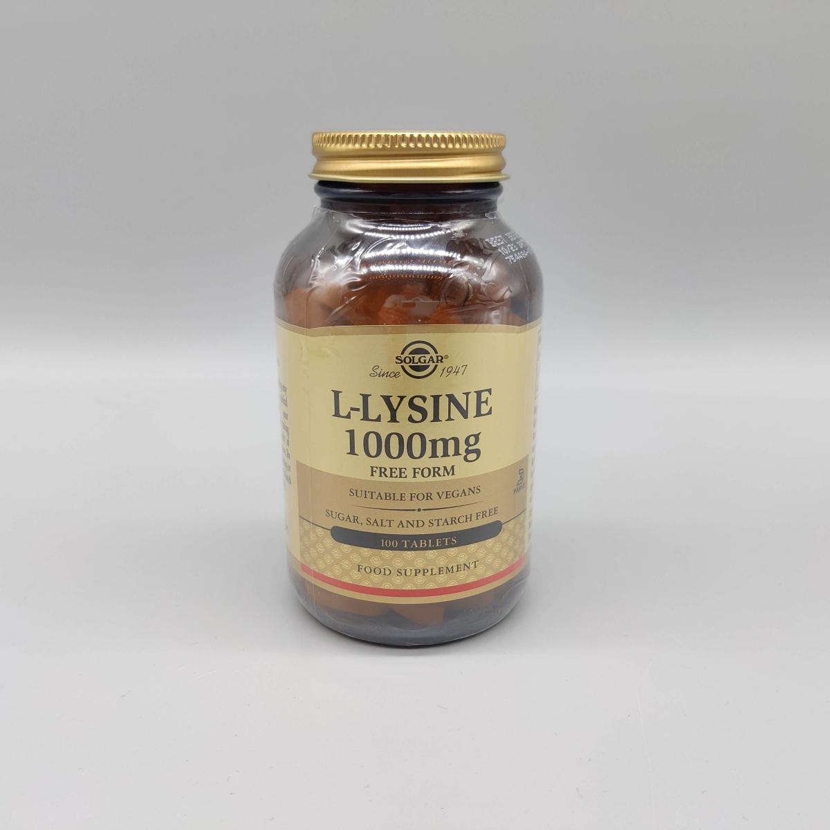 Solgar L-Lysine 1000 mg produktbild i neutral studio, tagen av oss