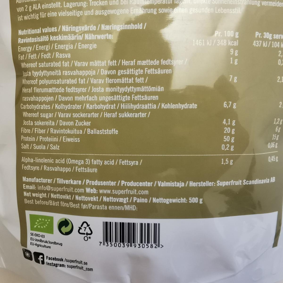 Superfruit Hampaprotein närbild på näringsvärden och eko-märkning foto av oss
