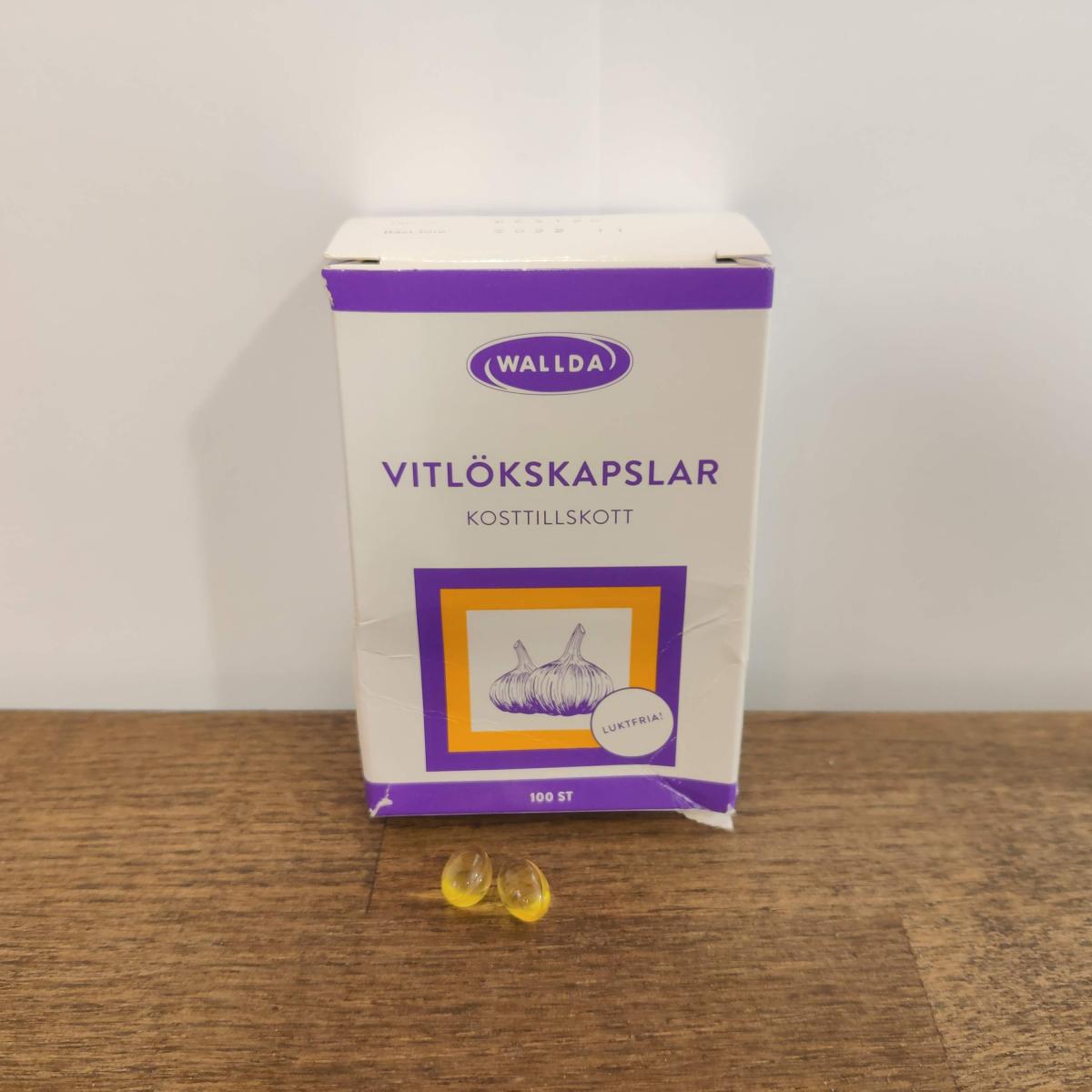 Närbild på framsidan av Wallda Vitlökskapslar egen testbild